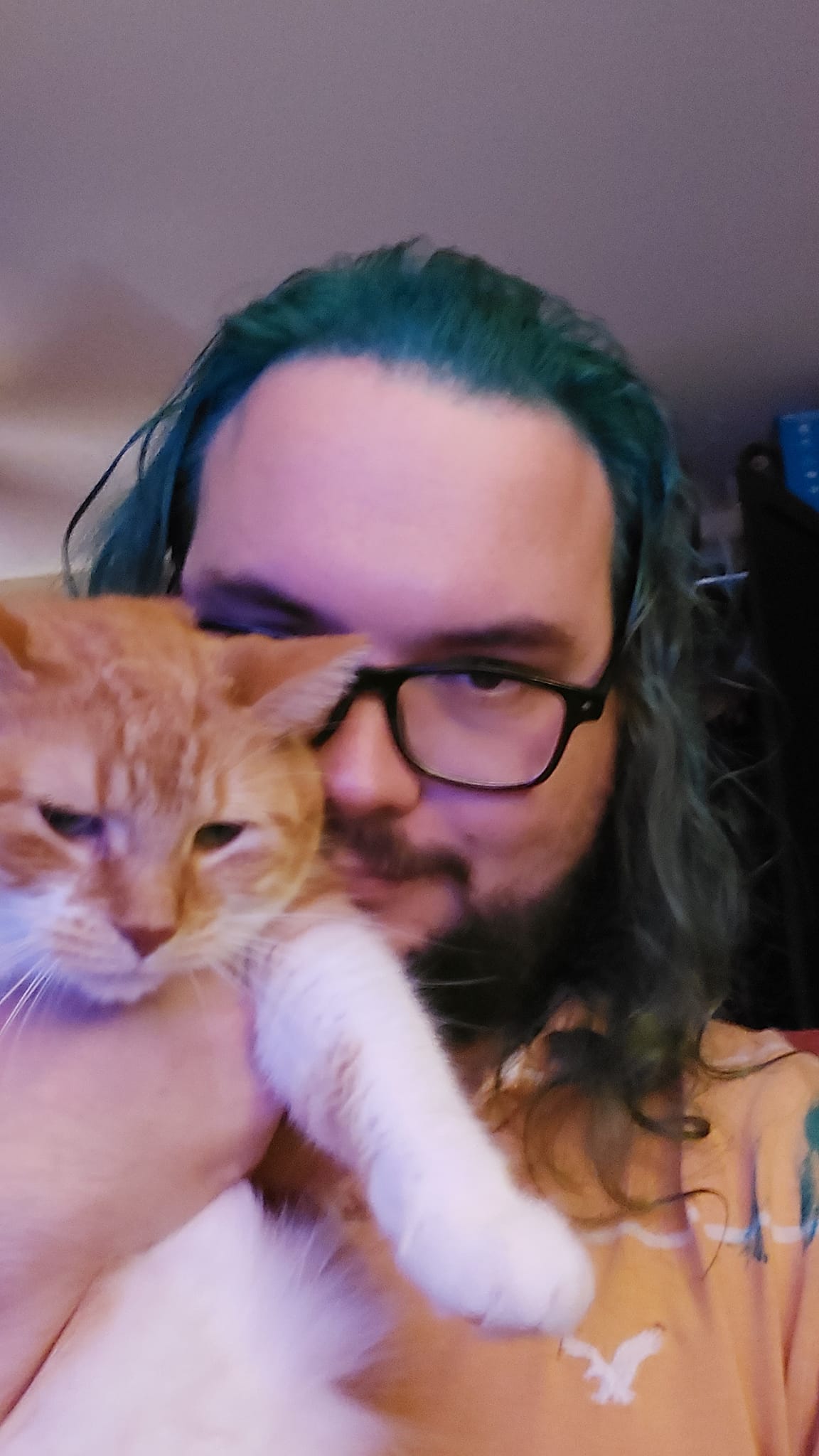 A man with long green hair sits in a computer chair with an orange cat